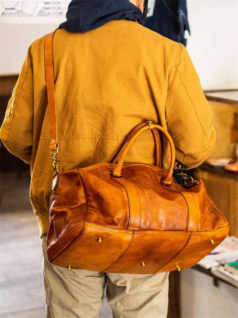 Vintage fashion luxury genuine leather men's travel bag outdoor weekend large capacity crossbody bag real cowhide women handbag
