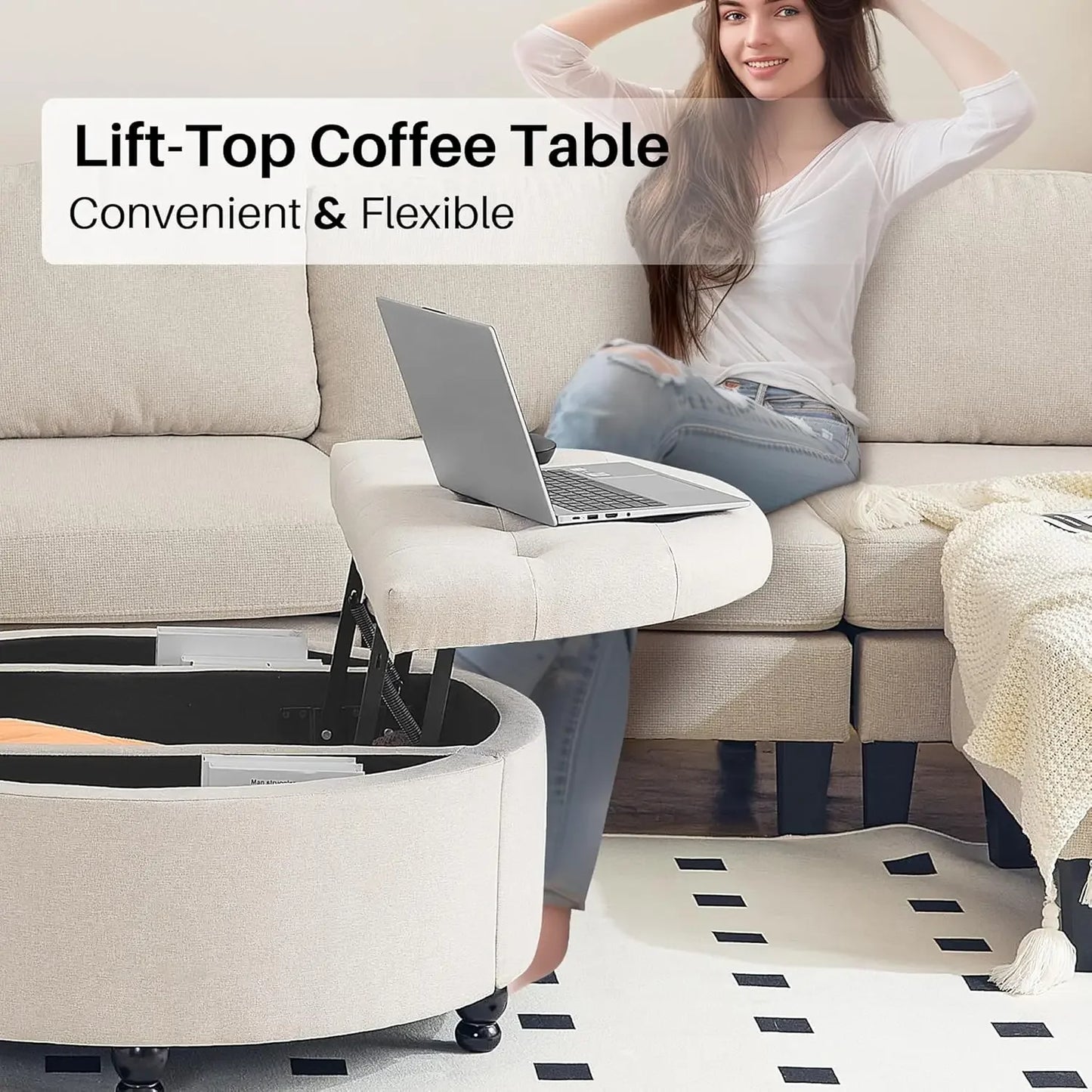 Round Storage Ottoman Coffee Table, Upholstered Coffee Table with Lift Top, 35" Large Ottoman with Storage Linen Fabric