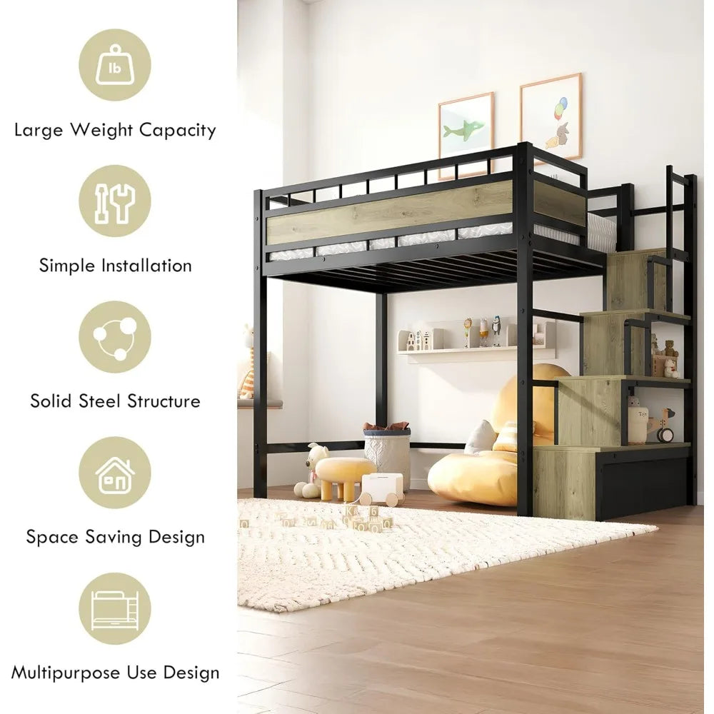 Loft Bed Twin Size, Heavy Duty Metal Loft Bed Frame & Safe Stairs Storage with Large Under Bed Space for Teens and Junior, Black