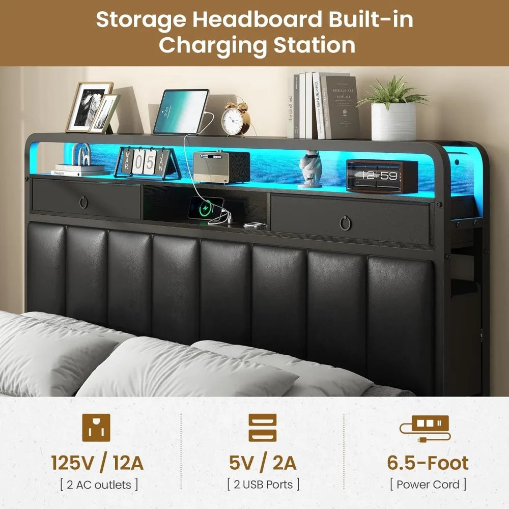 King Bed Frame with Storage Drawers, Upholstered Headboard with Hidden Storage Shelf, LED Lights and Charging Station, Metal Pla