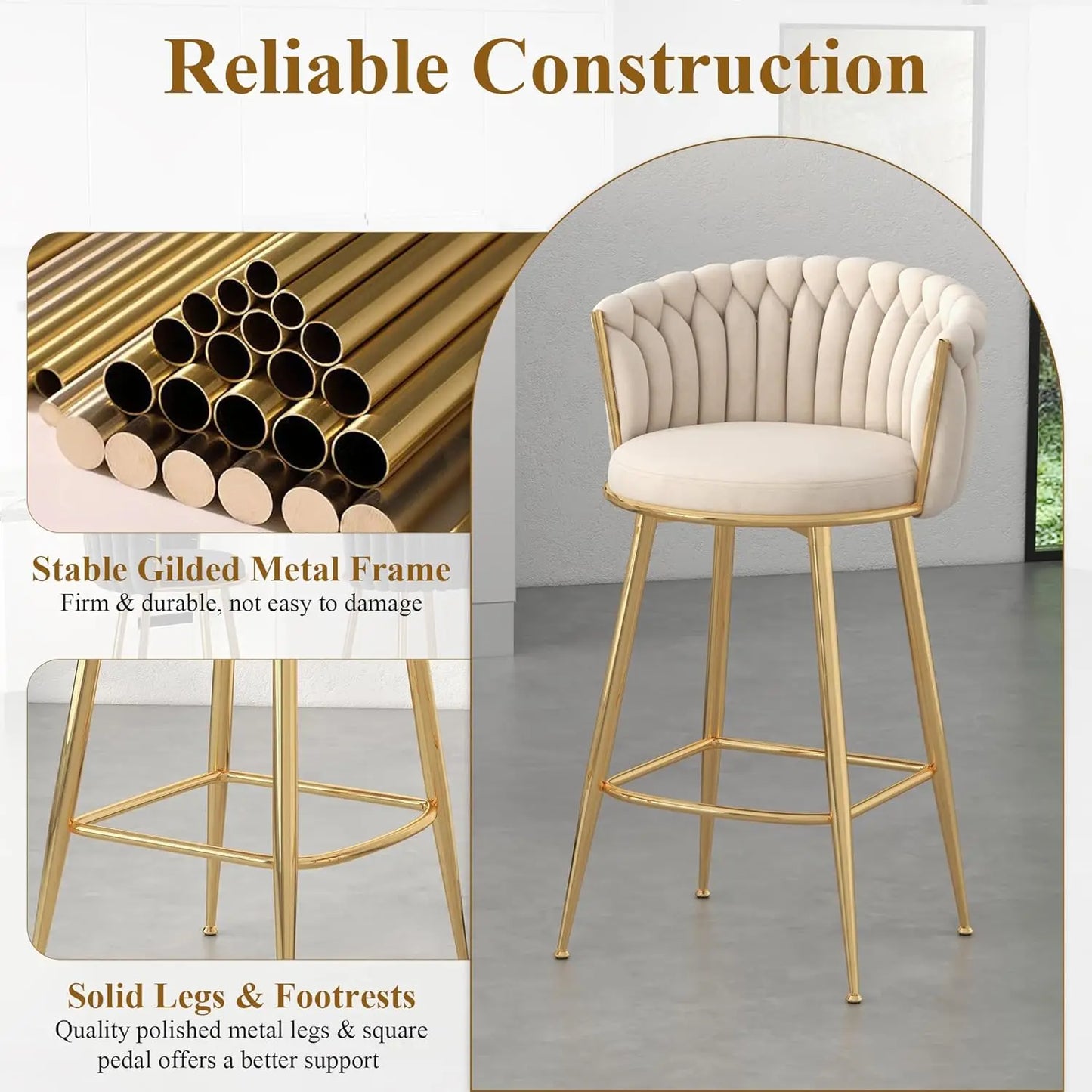 Modern Bar Stools Set of 4, Handmade Woven Back Armrest, Sturdy Golden Metal Legs for Home Dining Kitchen Island, Beige