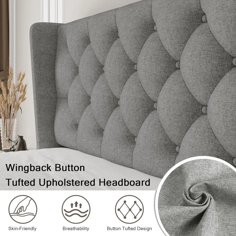 Full Size Upholstered Bed Frame with Wingback Headboard, Fabric Linen Platform Bed, 8" Under Bed Storage, Wooden and Metal Slats
