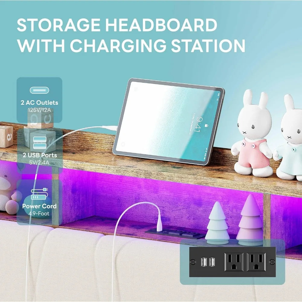Upholstered Twin Bed Frame with Storage Drawers, Charging Station, LED Lights, and Storage Headboard