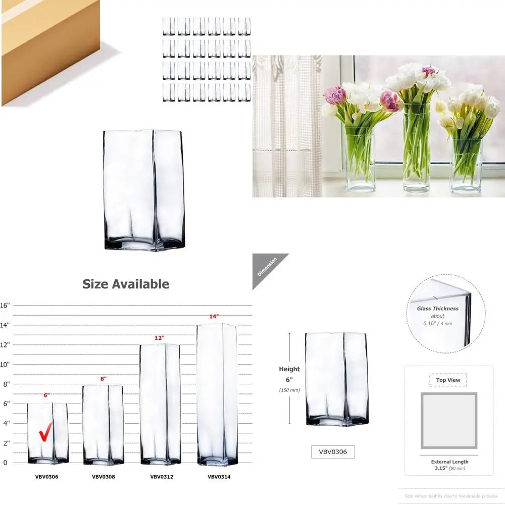 Clear Glass Tall Square Vase Bulk, 3 Length x 6 Height, Ideal for Floral Arrangements, Candles, Plants, Terrariums, Perfect for