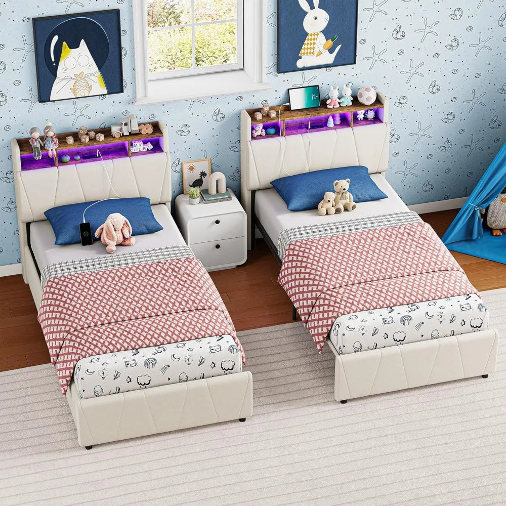 Upholstered Twin Bed Frame with Storage Drawers, Charging Station, LED Lights, and Storage Headboard