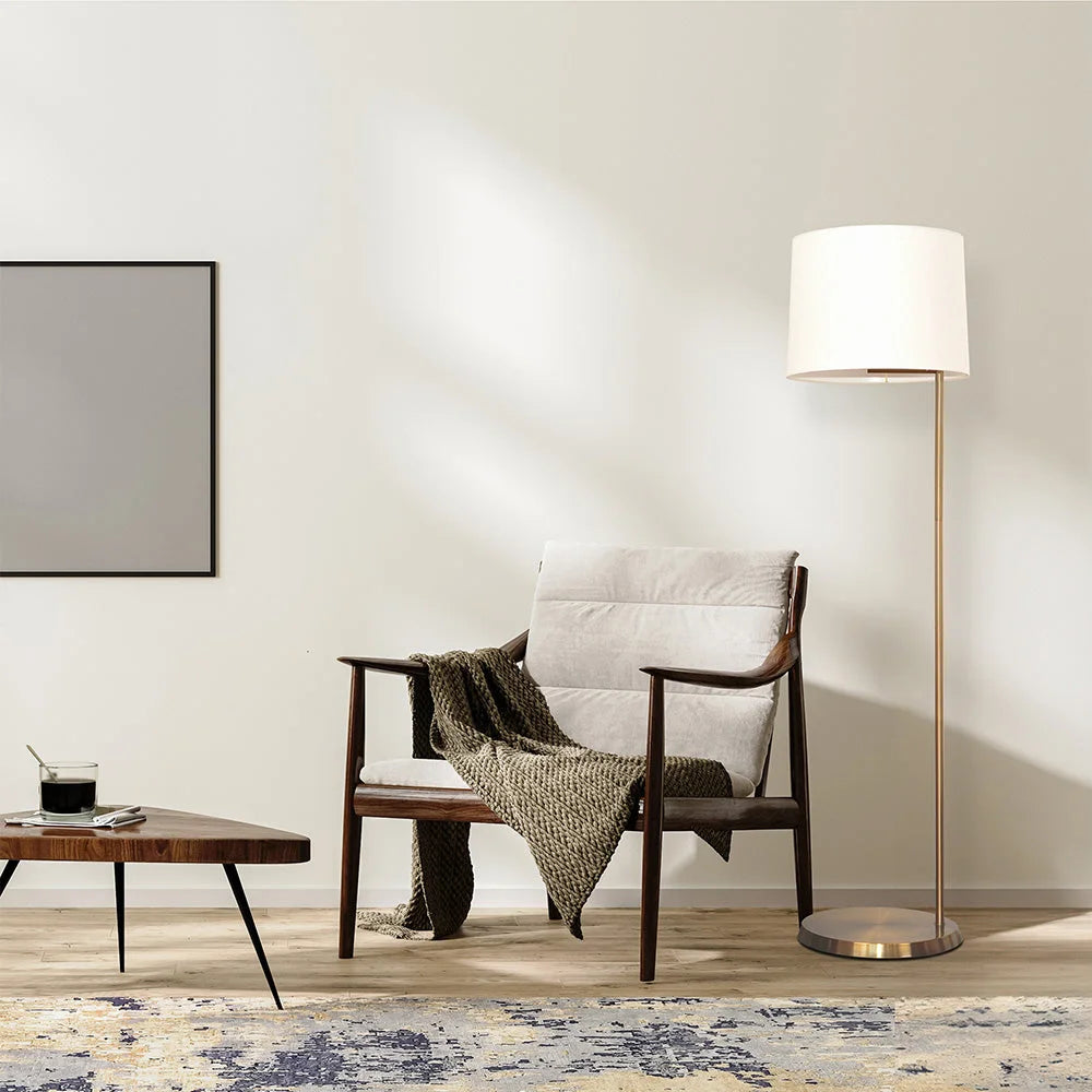 Zenith Offset Brass Base Floor Lamp with Drum-shaped Linen Shade Zenith Offset Brass Base Floor Lamp Drum-shaped Linen Shade