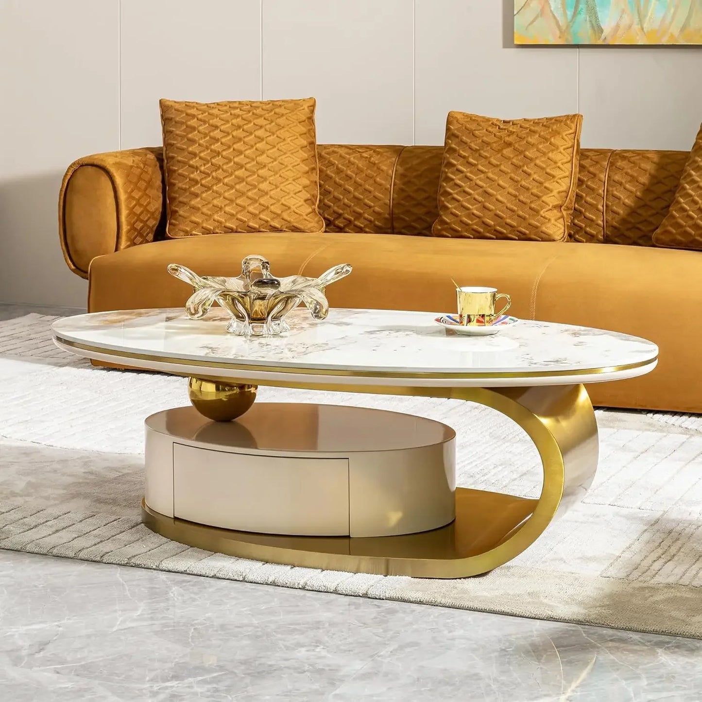 Faux Marble Coffee Table with Drawer,Oval Living Room Table with Metal Base,0.47" Marble Grain Top
