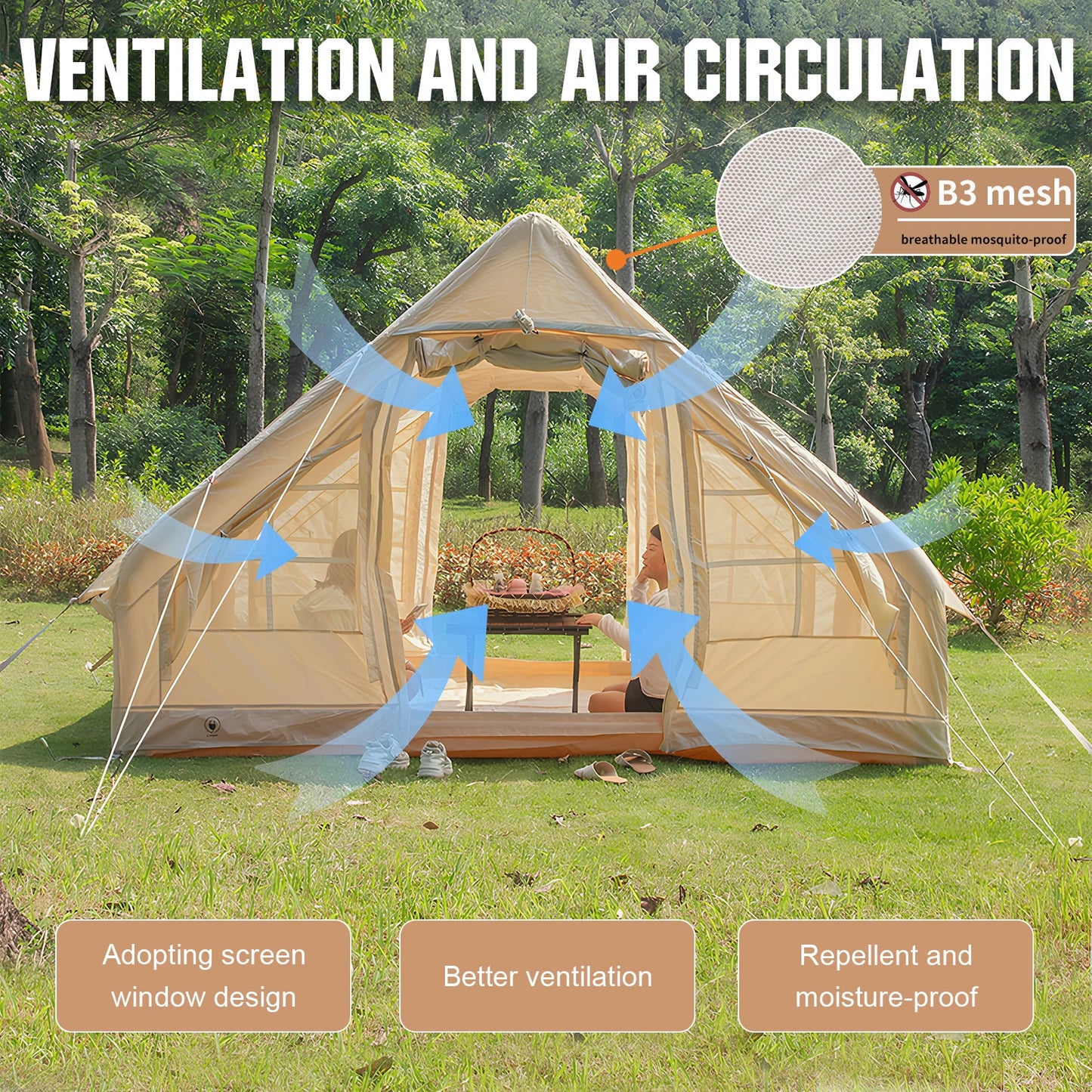 Inflatable Tent 4 Season Portable Glamping Tent with Hand Pump Air Family Tunnel Tent Oxford Fabric 4-6 Person House