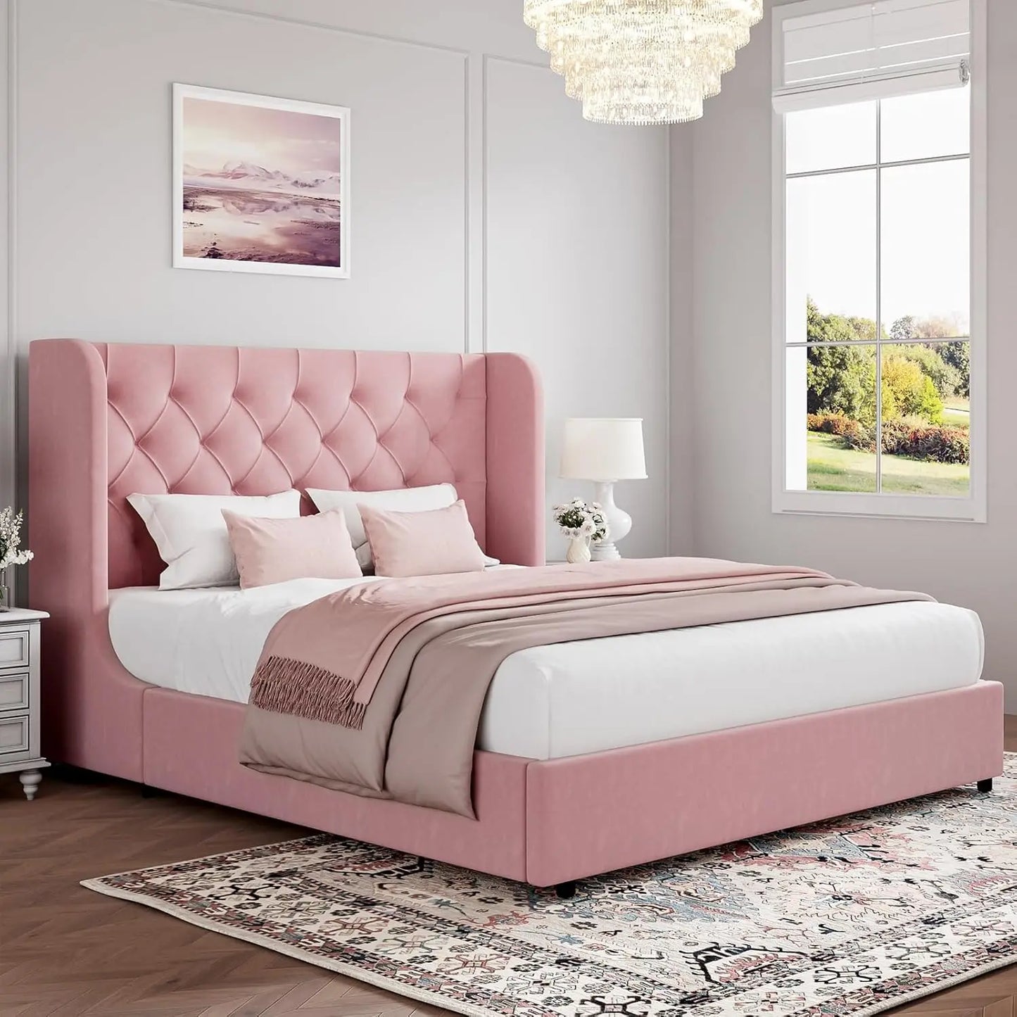 Full Bed Frame, Pink Velvet Upholstered Bed Frame Full with Headboard and Wide Wingback, Sturdy Wooden Slats Support, No Box Spr