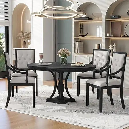 5 Pieces Dining Table Set Round Kitchen Extendable Dining Table with 4 Wood Chairs for Dining Room, Chair with Cushion, Bistro
