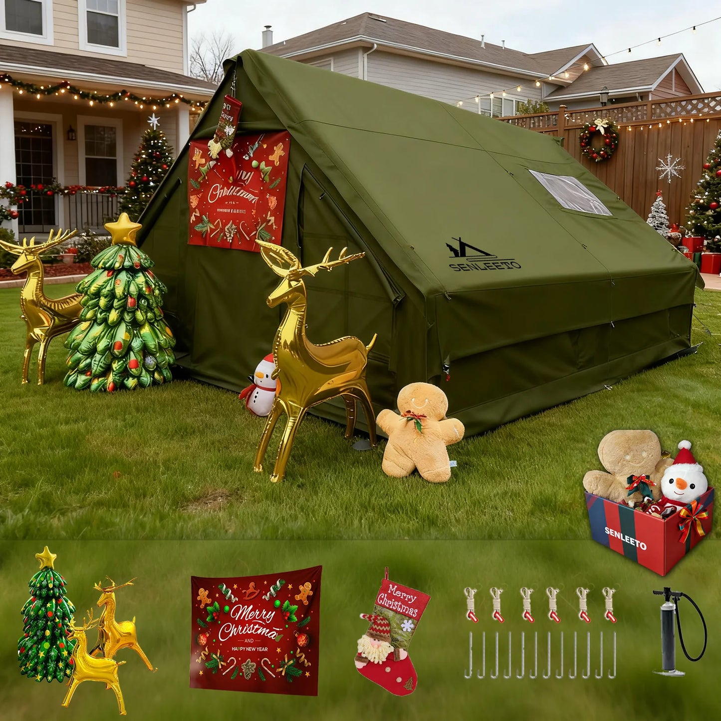 13'x10' Large Inflatable Tent for Camping 8-10 Person, 4 Season Luxury Air Tent with Stove Jack for Outdoor Christmas Camping