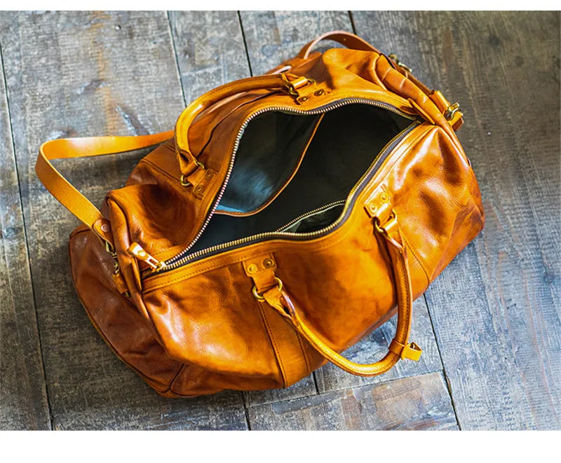 Fashion Vintage Luxury Natural Genuine Leather Men's Large-capacity Travel Bag Organizer Handmade First Layer Cowhide Handbags