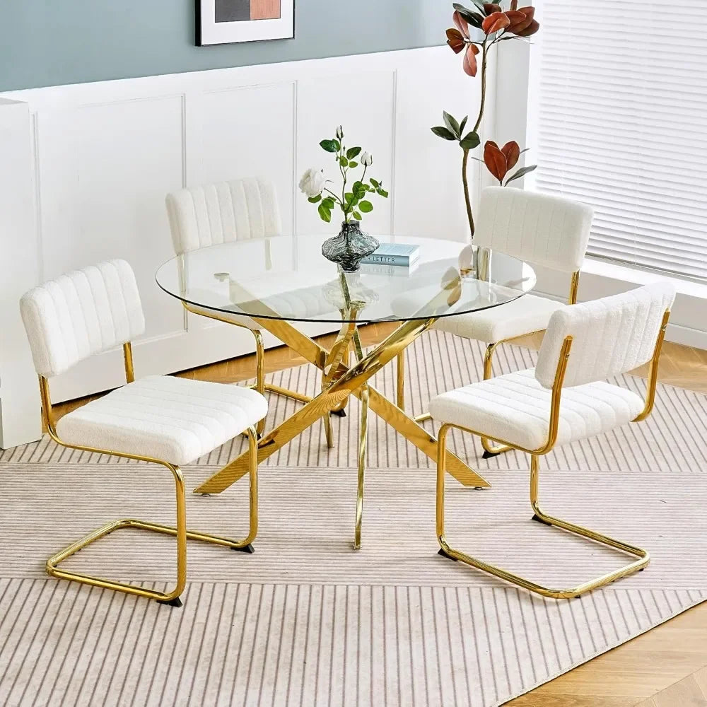 47 Inch round Glass Dining Table for 4 Clear Tempered Glass Top Gold Metal Legs Circle Dining Table