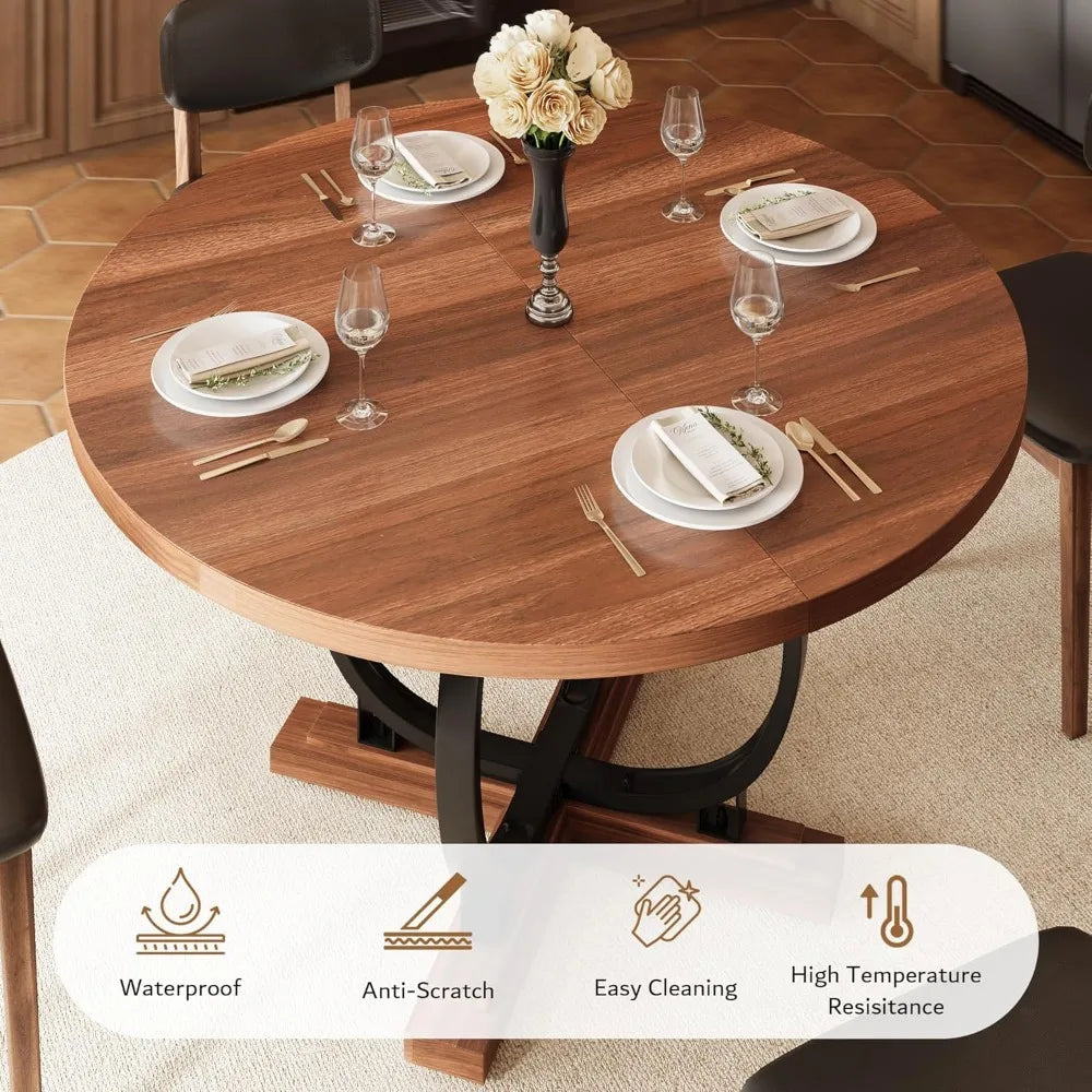 59'' Extendable Round Dining Table for 4 to 6, Kitchen Table with Sturdy X-Base Metal Legs, MDF Board with Backboard Clasp, Expa