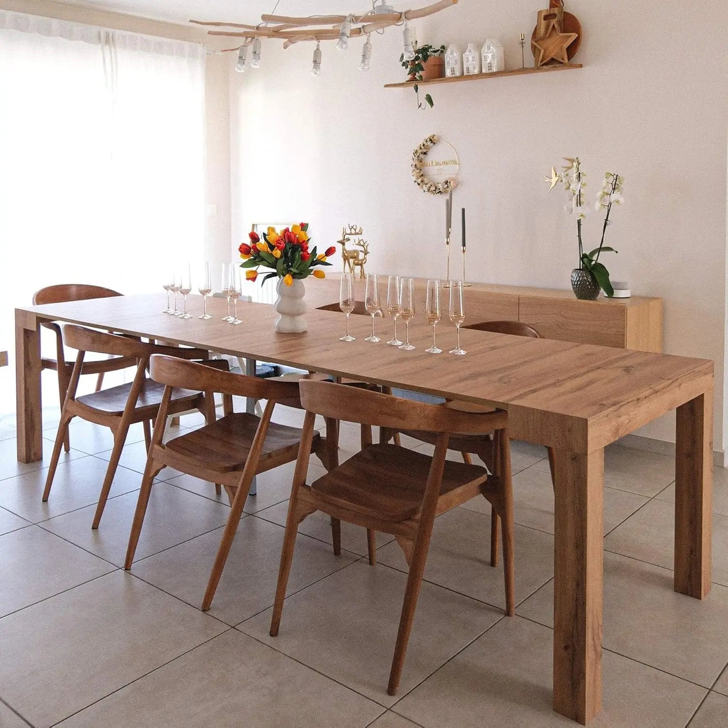First, Extendable Console Table 17.7(120) x35.4 in, Rustic Oak, for 4-14 People, Space-Saving Dining Table, Italian Furniture