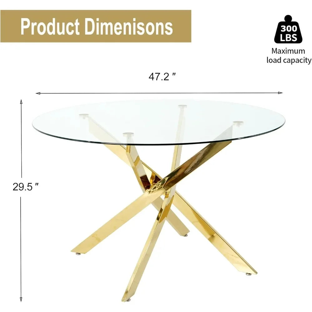 47 Inch round Glass Dining Table for 4 Clear Tempered Glass Top Gold Metal Legs Circle Dining Table