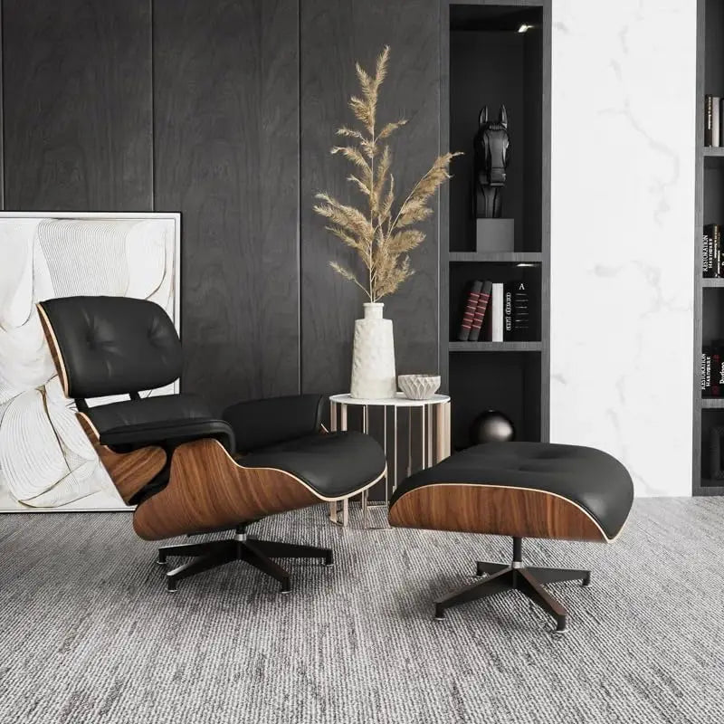 Chaise Lounge Chair with Ottoman Genuine Leather High-Resilience Foam Cushions Mid Century Modern Ergonomic Design