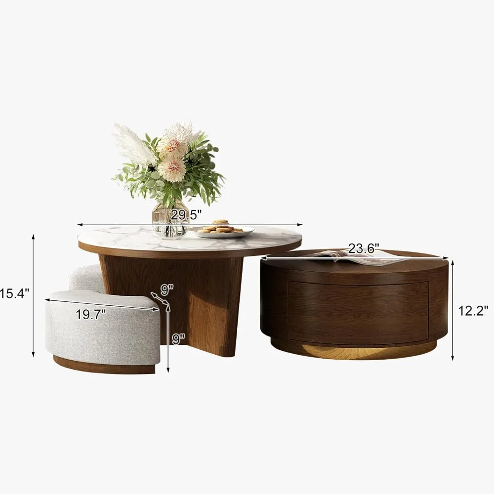 Coffee Table Set 2 -Walnut Coffee Table with Drawer and Stools - Marble Circular Stone Tabletop Modern Design Round Coffee Table
