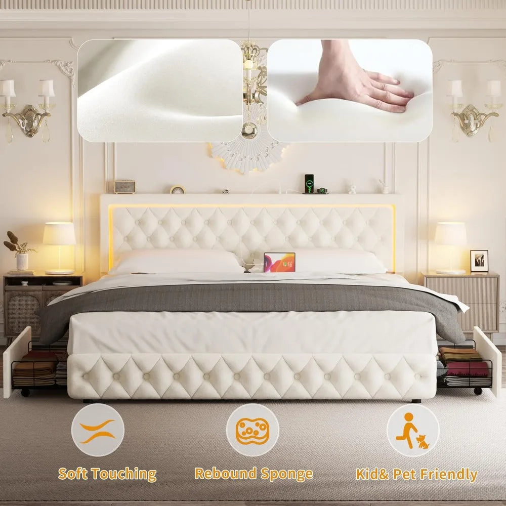 Queen Bed Frame with 4 Storage Drawers, Velvet Upholstered Bed Frame Queen Size with Charging Station and LED Lights, 46" Adjust