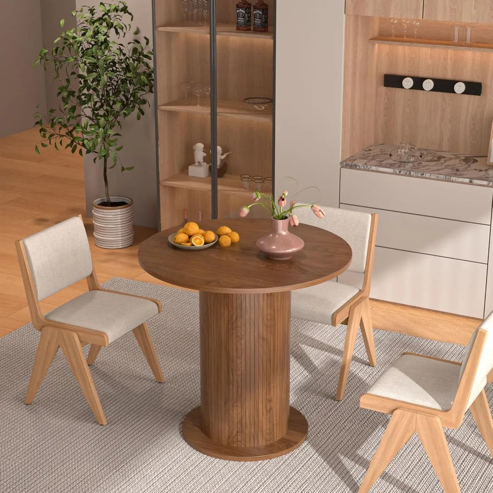 31.5 inch Round Dining Table for 2, Modern Farmhouse Kitchen Table, Small Circle Dining Tables with Wood Strip Base for Kitchen