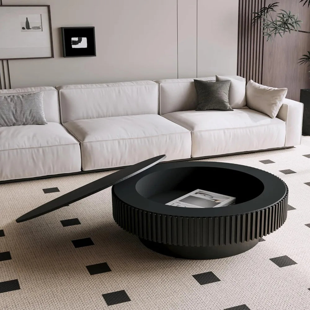 39.37 Inch Round Drum Coffee Table with Storage, Handcraft Fluted Drum Coffee Table, Modern Wooden Round Coffee Table Center Tab