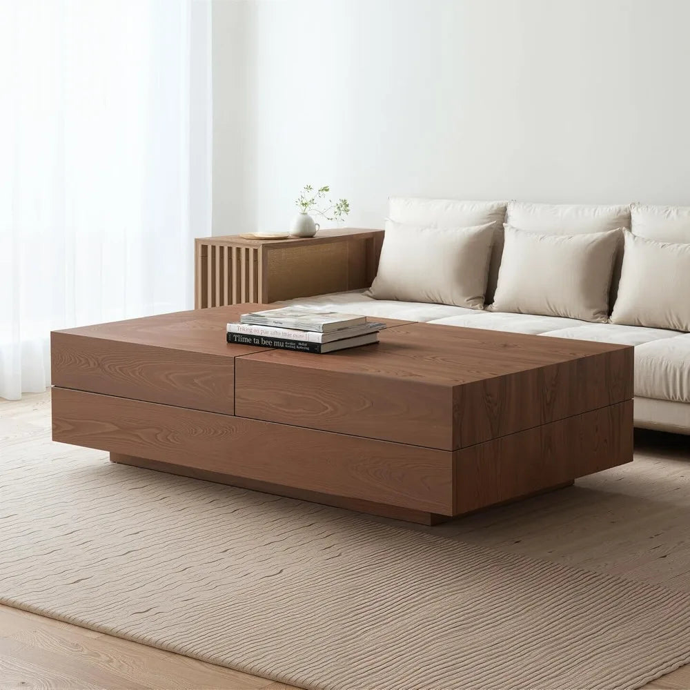 Mid-Century Modern Farmhouse 47.2-81.8" Expandable Coffee Table，Adjustable Center Table with Large Storage for Living Room