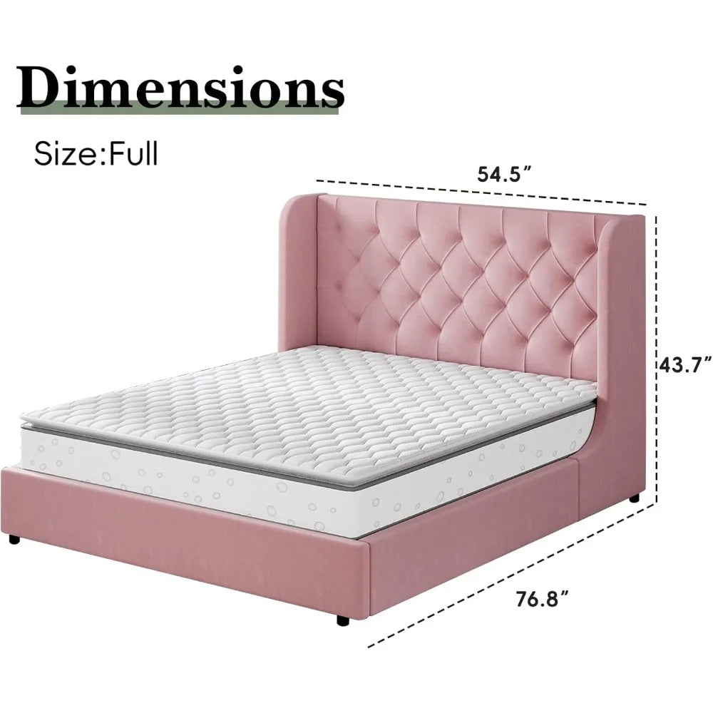 Full Bed Frame, Pink Velvet Upholstered Bed Frame Full with Headboard and Wide Wingback, Sturdy Wooden Slats Support, No Box Spr