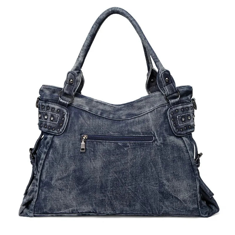 Jeans Bags for Women Hand Bag Large Capacity Retro Denim Tote Bag with Rivet Decoration Crossbody Shoulder Bag