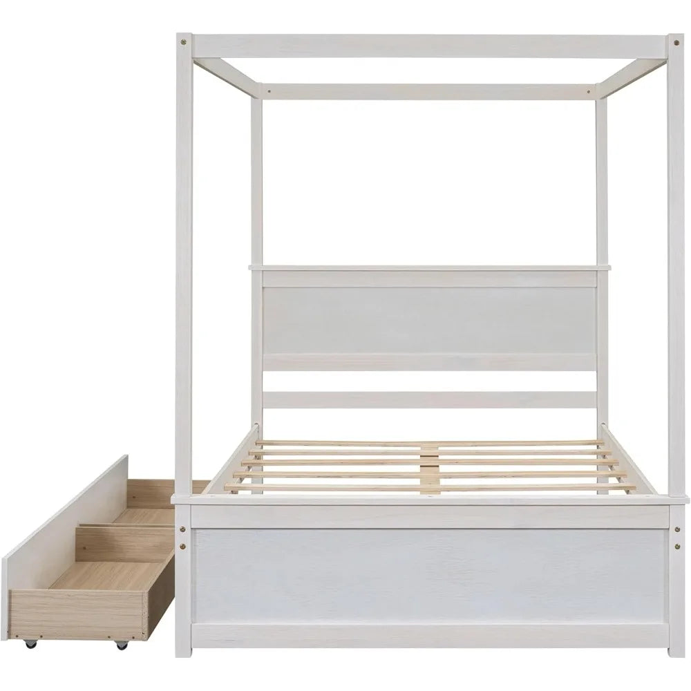 Full Size Canopy Bed with 2 Storage Drawers, 4-Post Wood Full Platform Bed Frame with Headboard, No Box Spring Needed - Brushed