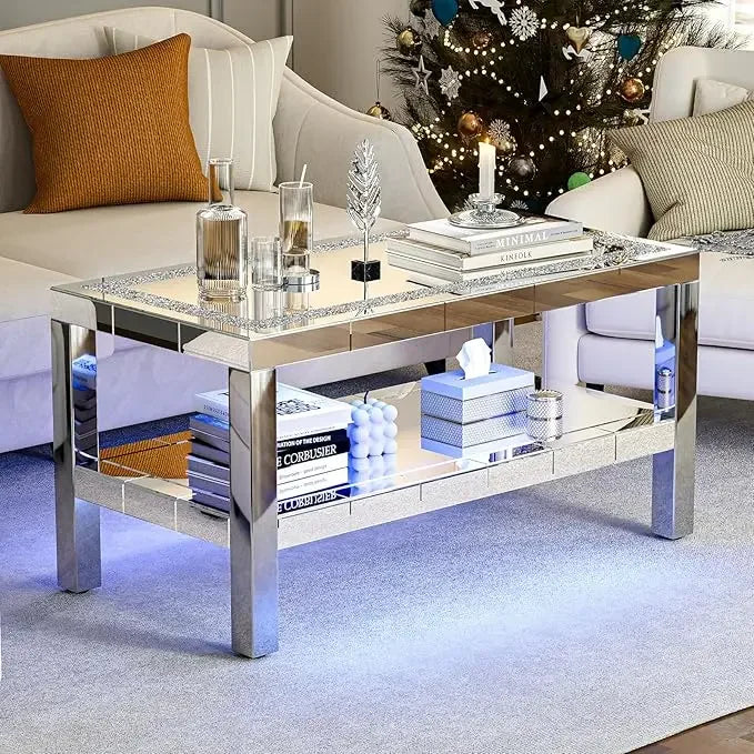 Mirrored Coffee Table with Mirror Crystal Board, Glass Rectangle End Table Coffee Tea Table with 2 Tier for Living Room Bedroom