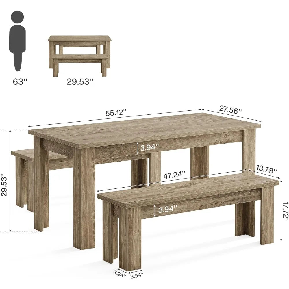 rectangular 55.1-inch dining table set for 6 with 2 benches and 3 wooden pieces