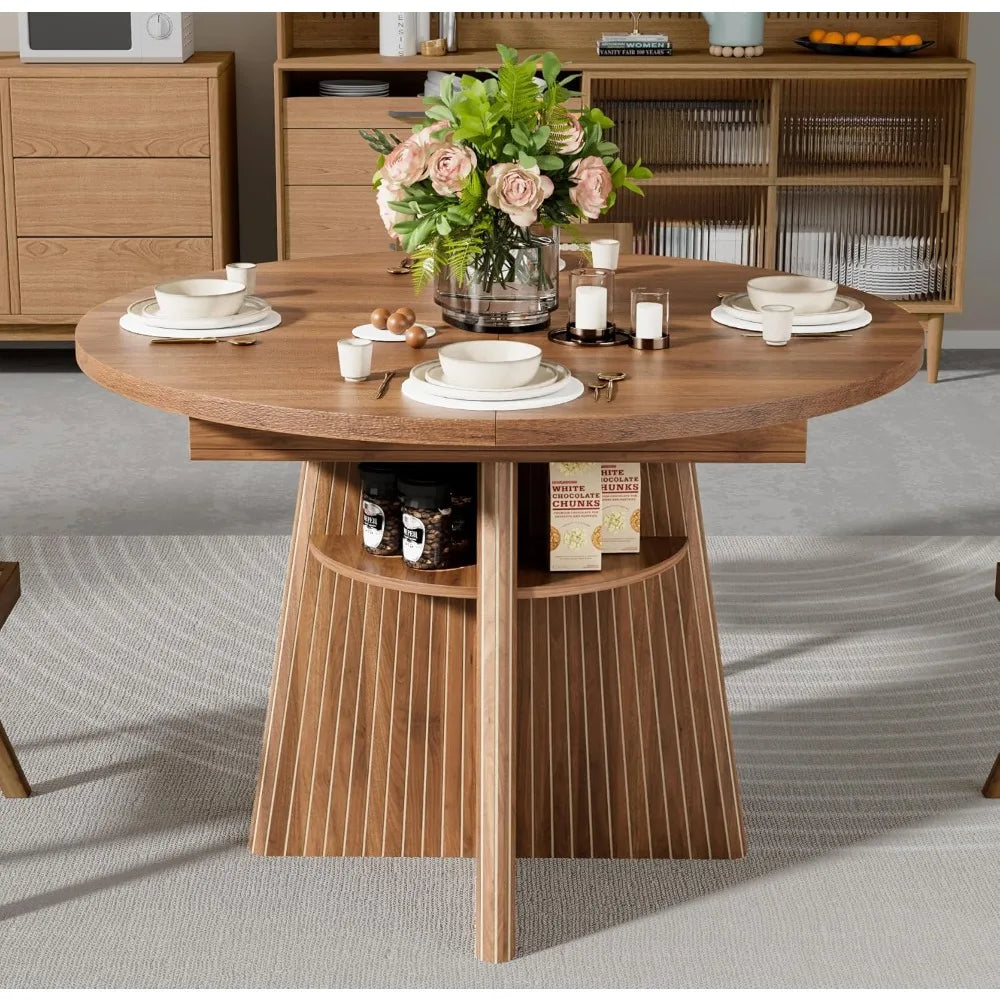 Extendable Dining Room Table for 4-8, Round Expandable Kitchen Table with Fluted Base, Modern Oval Dinner Tables