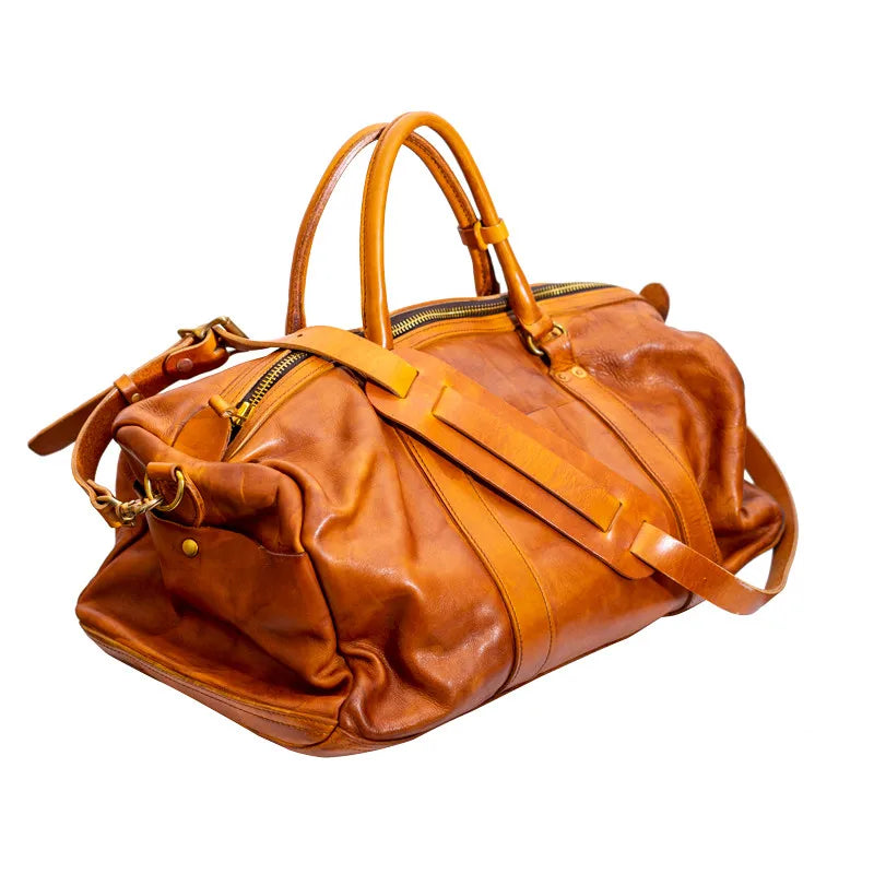 Fashion Vintage Luxury Natural Genuine Leather Men's Large-capacity Travel Bag Organizer Handmade First Layer Cowhide Handbags