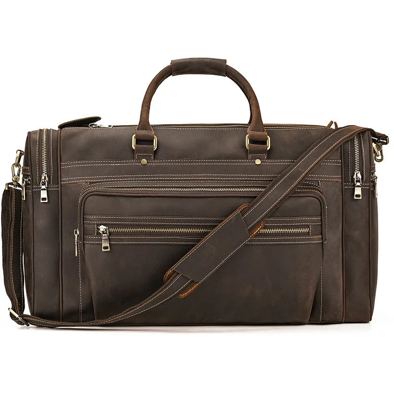 Exlarge Mens Crazy Horse leather Weekend Bag 22" Genuine Leather Travel Duffle Large Vintage Cowhide Zipper Bag Luggage Tote Bag
