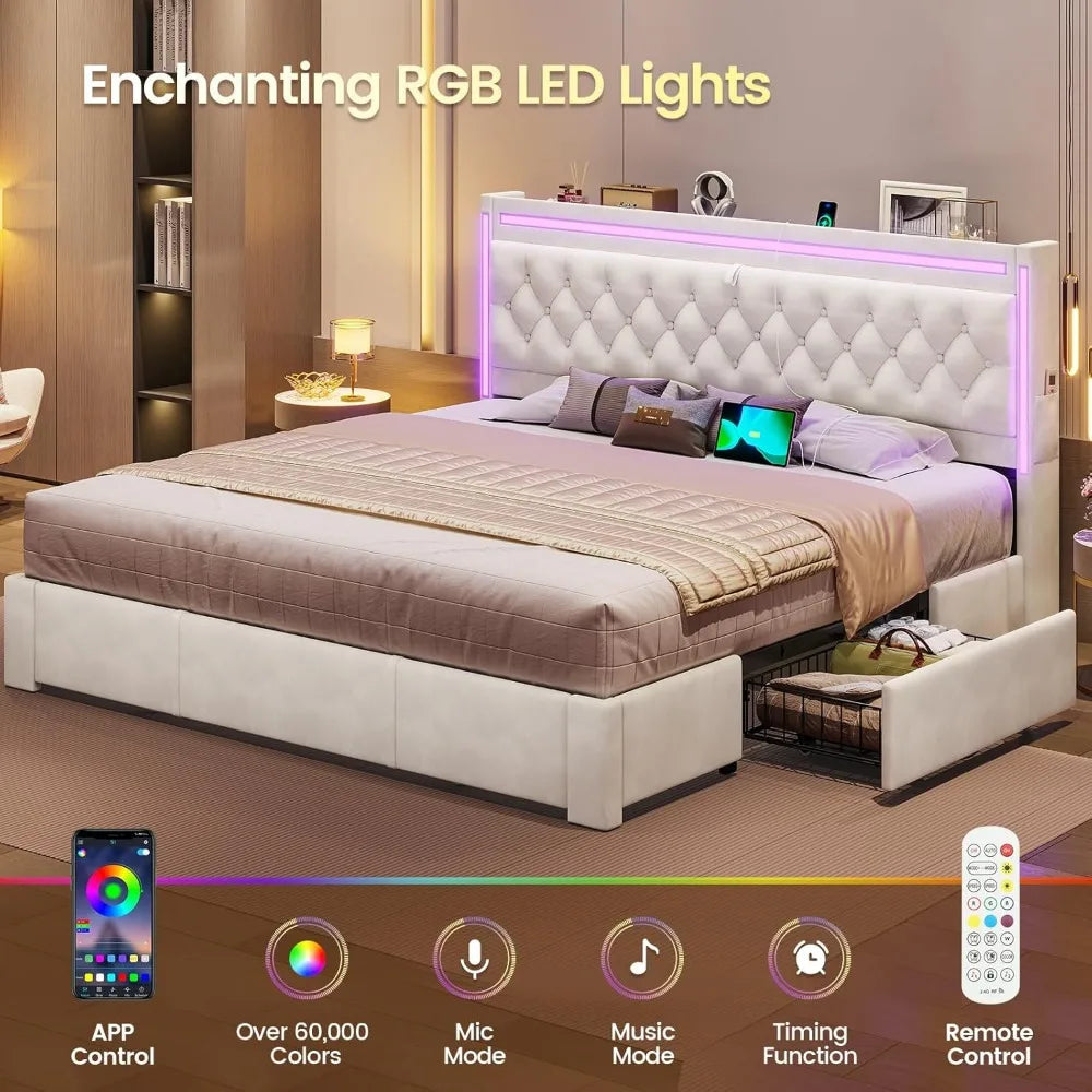 Upholstered LED Bed Frame King Size with 3 Storage Drawers, Hidden Storage Headboard with Charging Station, Velvet Button Tufted