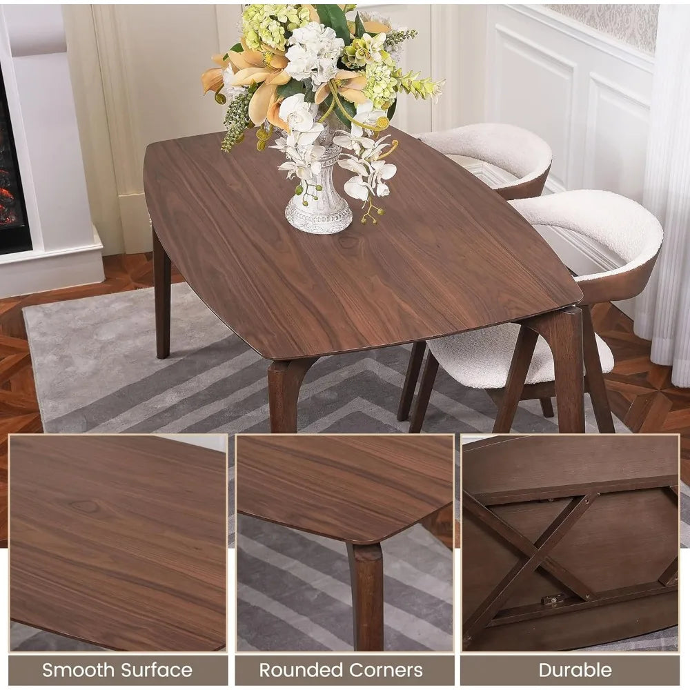 Dining Table for 4-6, Table Only, Walnut Veneer Top, Solid Wood Frame, Round Rectangular Shape,Softly Curved Edges,Elegant Look