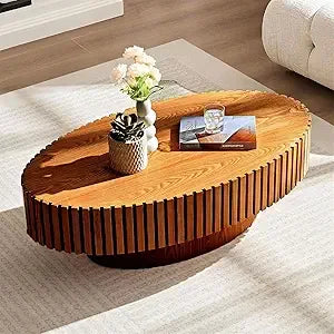 Mid-Century Modern Round Coffee Table with Hidden Storage, Solid Wood Veneer Center Table for Living Room