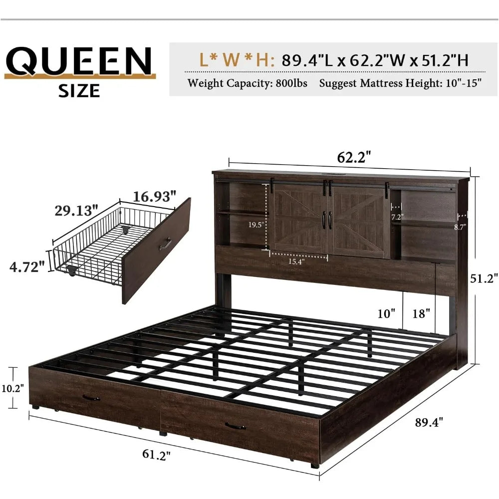 VanAcc Queen Size Bed Frame, Wooden Platform Storage Bed with 51.2" Bookcase Headboard, 2 Drawers, Charging Station/No Box Sprin