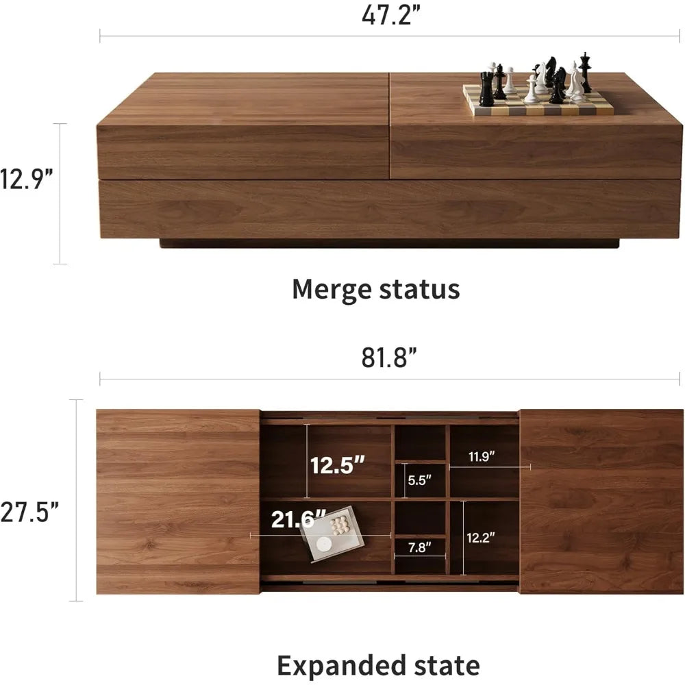 Mid-Century Modern Farmhouse 47.2-81.8" Expandable Coffee Table，Adjustable Center Table with Large Storage for Living Room