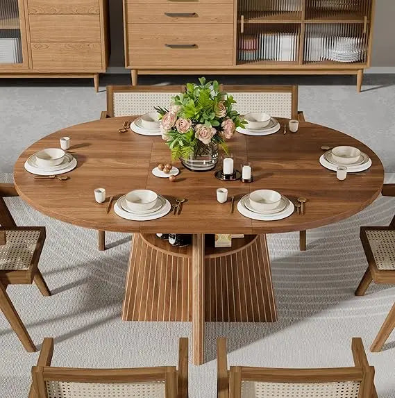 Extendable Dining Room Table for 4-8, Round Expandable Kitchen Table with Fluted Base, Modern Oval Dinner Tables