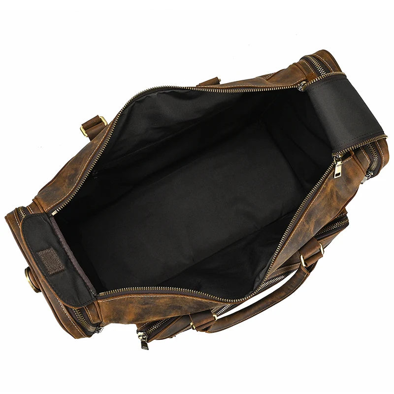 Exlarge Mens Crazy Horse leather Weekend Bag 22" Genuine Leather Travel Duffle Large Vintage Cowhide Zipper Bag Luggage Tote Bag