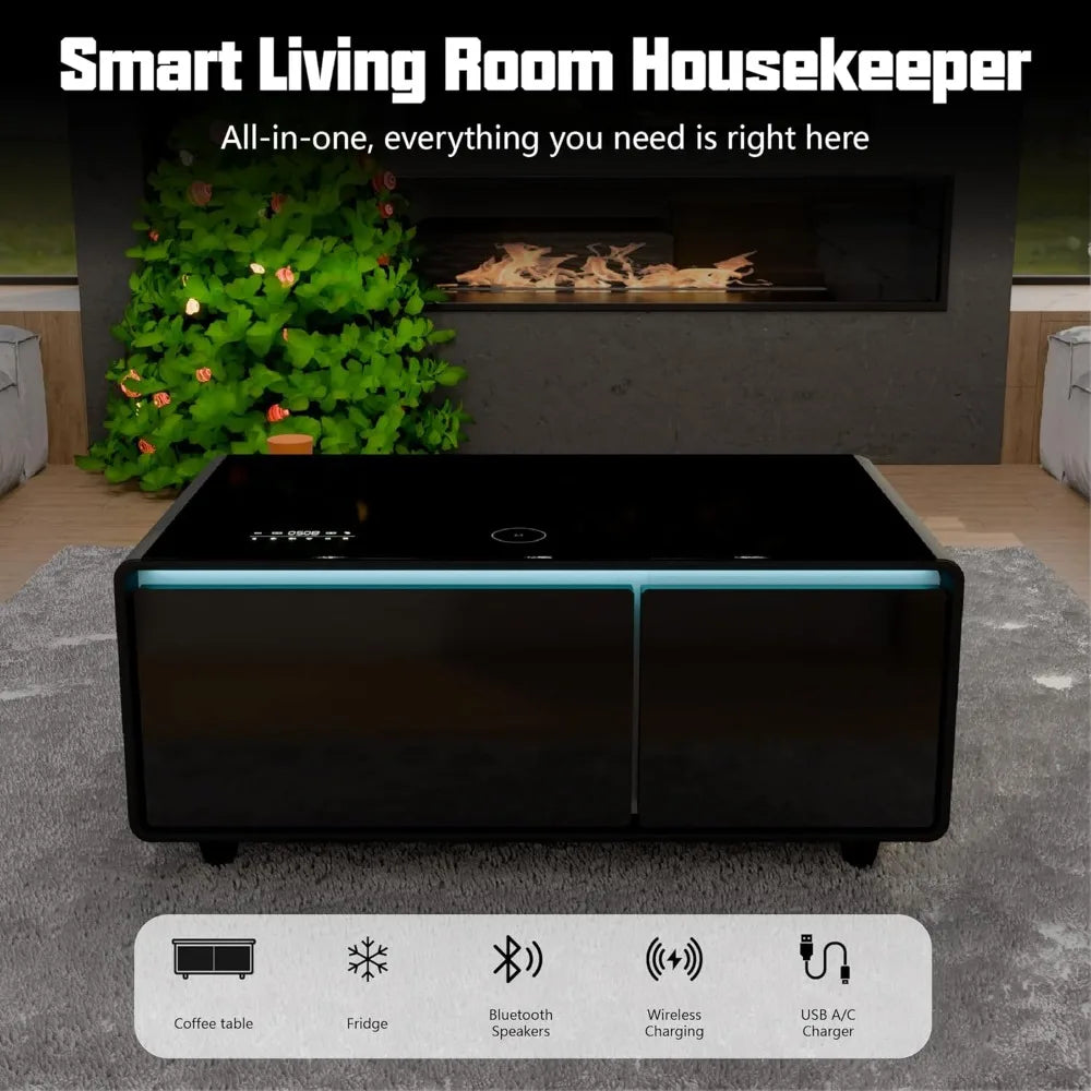 Smart Coffee Table, Living Room Table with Built in Fridge, 23" D x 41.5" W x 18.2" H, 15W Wireless Charging, USB Chargers