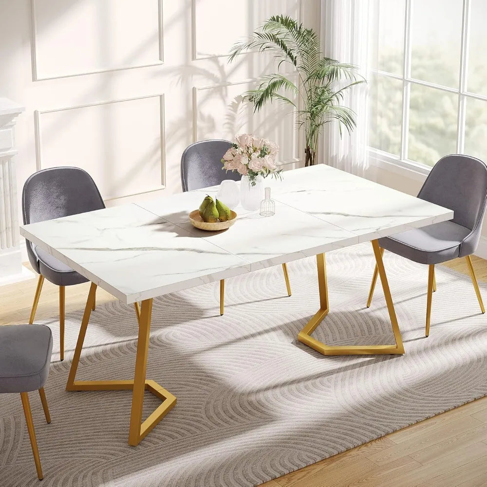 Gold Dining Dinner Table: 55 Inches Modern White Dining Room Table with Golden Legs, Faux Marble Small Kitchen Table