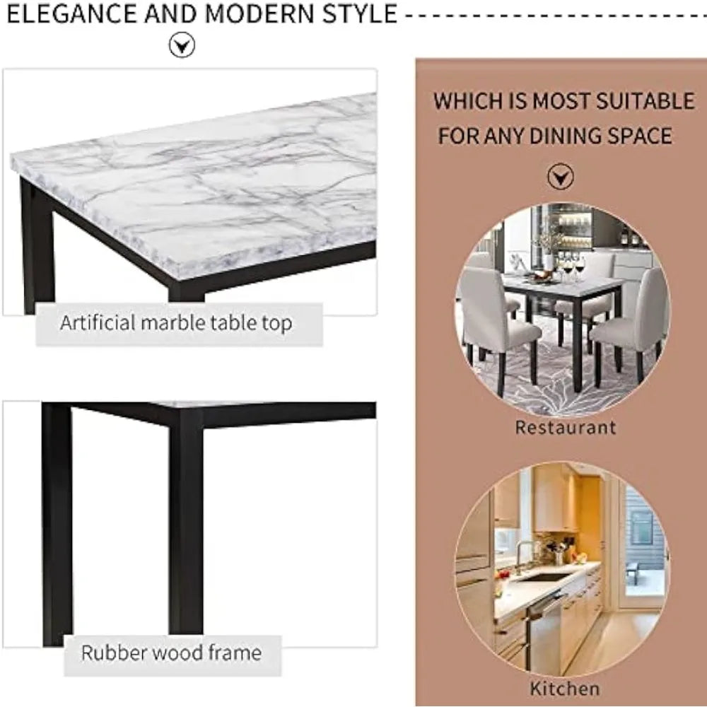 5 Piece Kitchen Table Set for 4, Wood Dining Table Set with Paper Marbling Table and 4 Dining Chairs for Kitchen Apartment