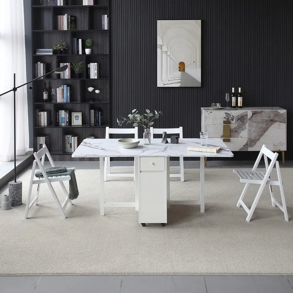 Space-Saving Extendable Folding Dining Table with Storage Rack and Drawers, White