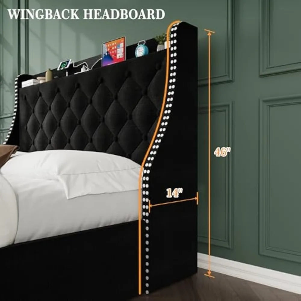 Upholstered Queen Bed Frame with 4 Storage Drawers，Wingback Headboard with Charging Station, Diamond Stitched Button Tufted Desi