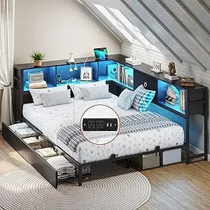 DICTAC Full Corner Bed Frame with Bookcase Storage and Led Lights Metal Platform Bed Frame Full Size with Storage Drawers & Char