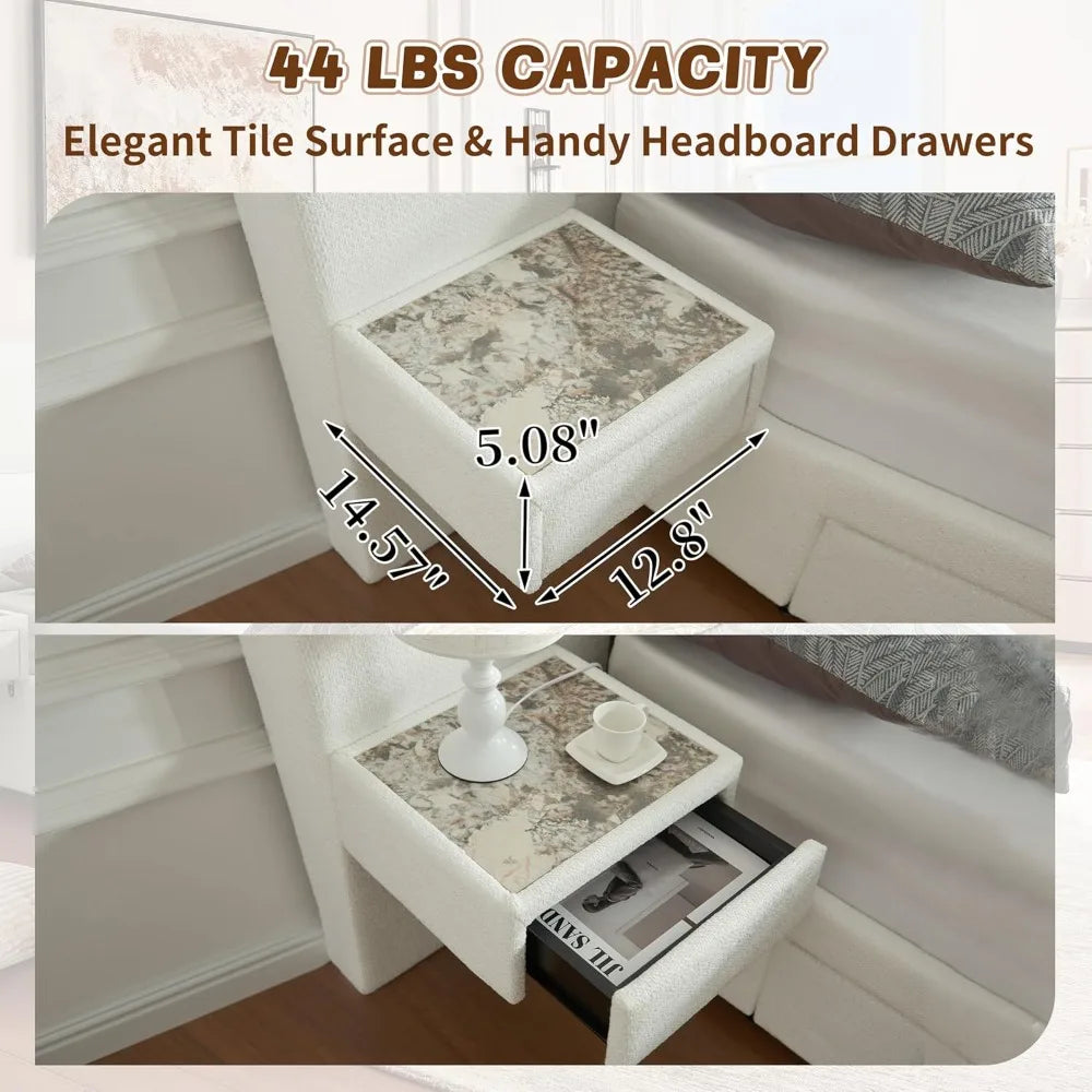 King Size Upholstered Platform Bed Frame with Built-in Nightstands 2 Side Storage Drawers Linen Headboard Sturdy Metal Frame