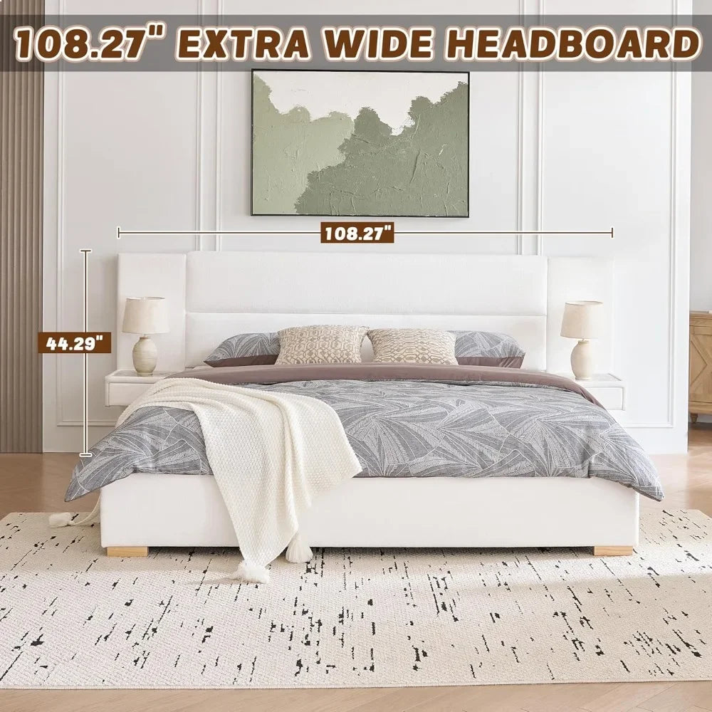 King Size Upholstered Platform Bed Frame with Built-in Nightstands 2 Side Storage Drawers Linen Headboard Sturdy Metal Frame