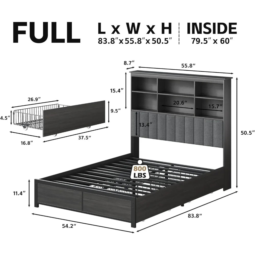 hisoft full bed frame with storage headboard, wood bed with high storage bookcase, 4 drawers & led & charging station,no box spr